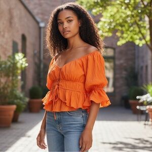 NWT STARLOW Boho Lace-Up Crop Top Orange S